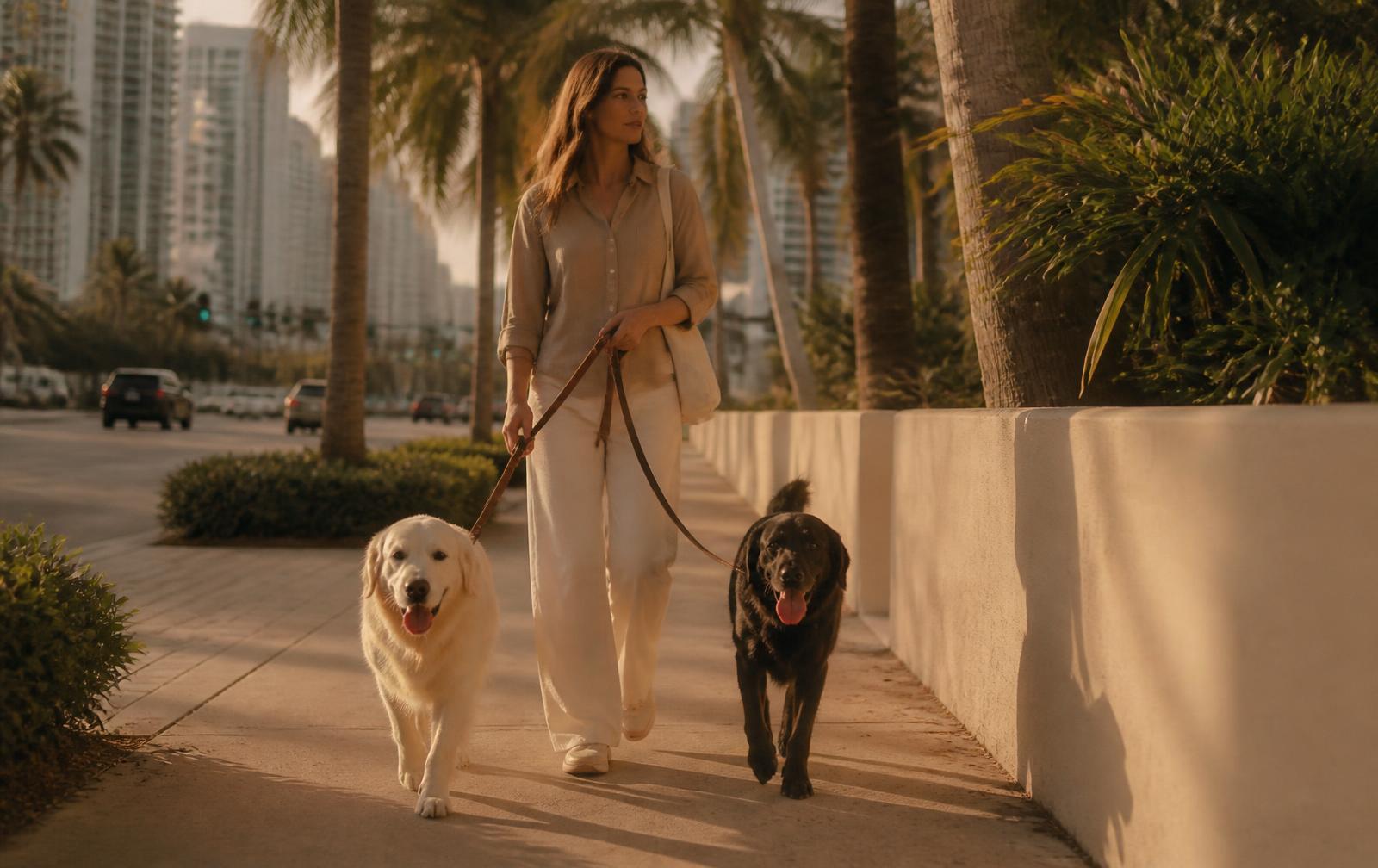 A professional dog walker walking two happy dogs on a sunlit Miami sidewalk